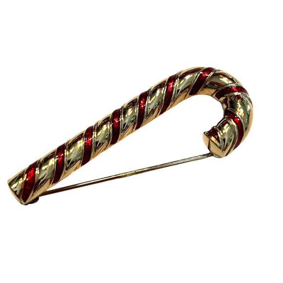 Vintage Carolee Jewelry Christmas holiday brooch fun red & gold candy cane pin - Picture 2 of 4